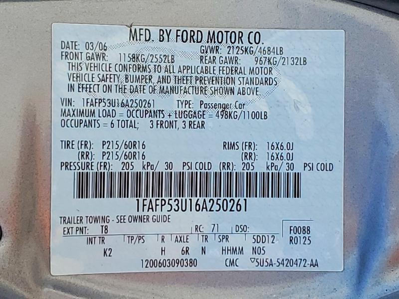 Продажа на аукционе авто 2006 Ford Taurus, vin: 1FAFP53U16A250261, номер лота: 53788816