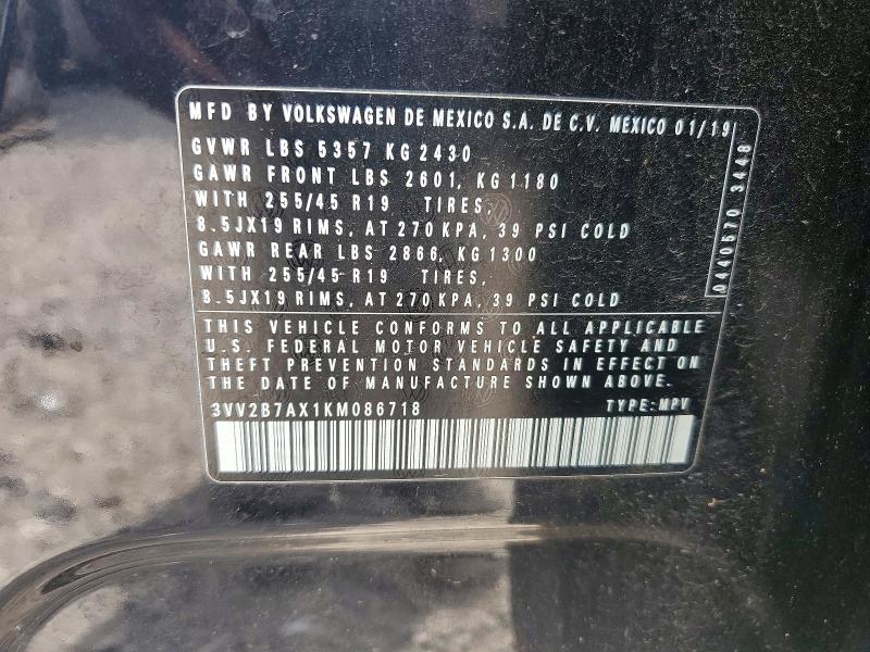 52763376 :رقم المزاد ، 3VV2B7AX1KM086718 vin ، 2019 Volkswagen Tiguan مزاد بيع