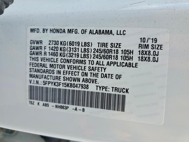 Продажа на аукционе авто 2019 Honda Ridgeline, vin: 5FPYK3F15KB047938, номер лота: 53773006