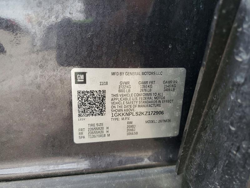 54089536 :رقم المزاد ، 1GKKNPLS2KZ172906 vin ، 2019 Gmc Acadia مزاد بيع