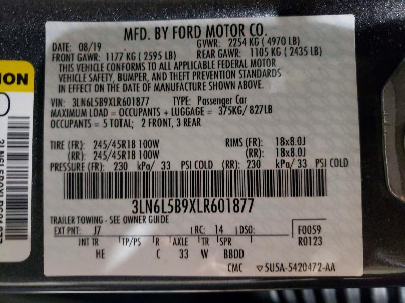 52481496 :رقم المزاد ، 3LN6L5B9XLR601877 vin ، 2020 Lincoln Mkz مزاد بيع