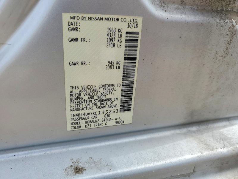 2019 Nissan Altima მანქანა იყიდება აუქციონზე, vin: 1N4BL4DV5KC135253, აუქციონის ნომერი: 52489256