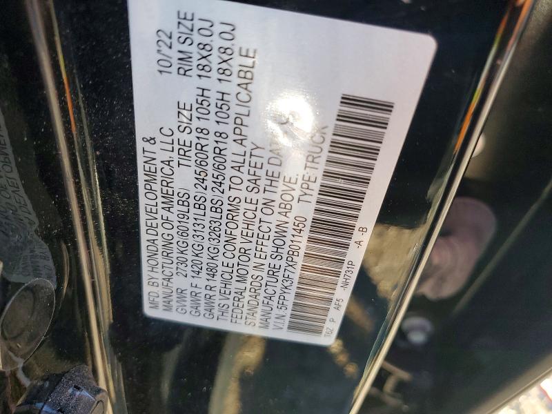 2023 Honda Ridgeline მანქანა იყიდება აუქციონზე, vin: 5FPYK3F7XPB011450, აუქციონის ნომერი: 53551646