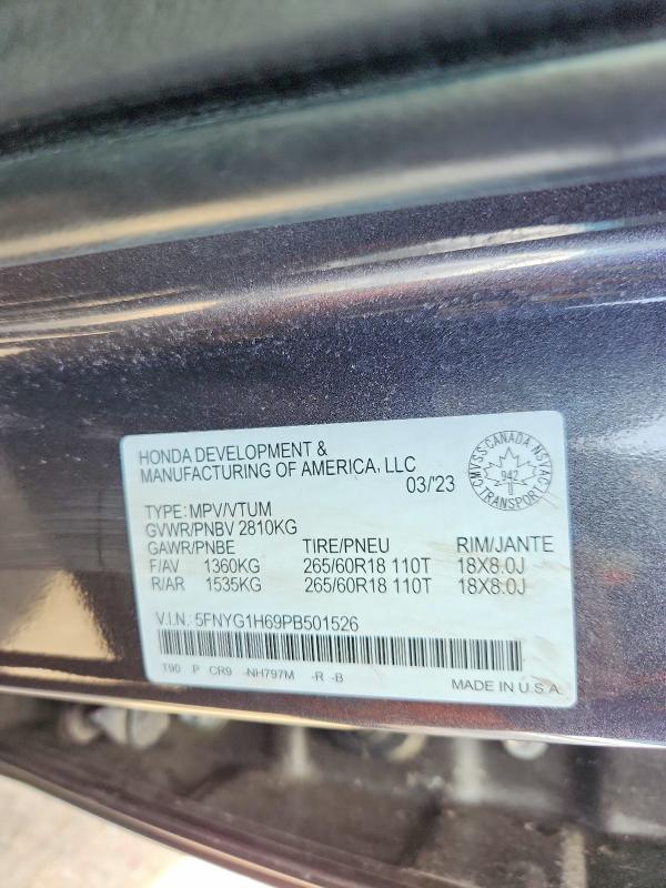 2023 Honda Pilot მანქანა იყიდება აუქციონზე, vin: 5FNYG1H69PB501526, აუქციონის ნომერი: 53719676