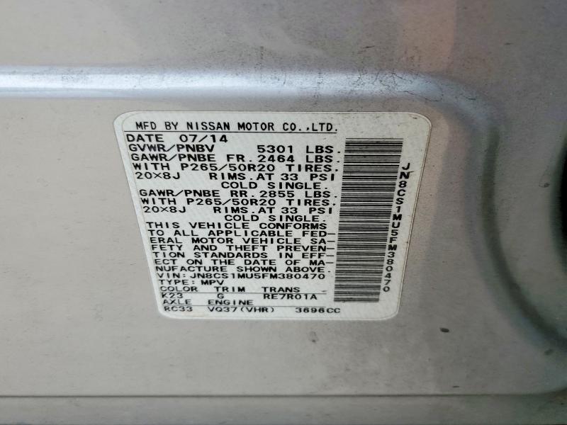 52438126 :رقم المزاد ، JN8CS1MU5FM380470 vin ، 2015 Infiniti Qx70 مزاد بيع