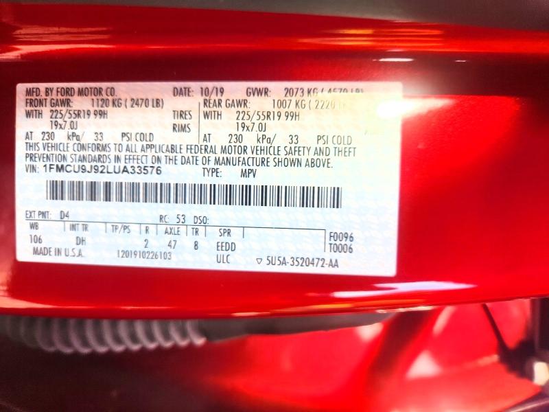 52598926 :رقم المزاد ، 1FMCU9J92LUA33576 vin ، 2020 Ford Escape مزاد بيع