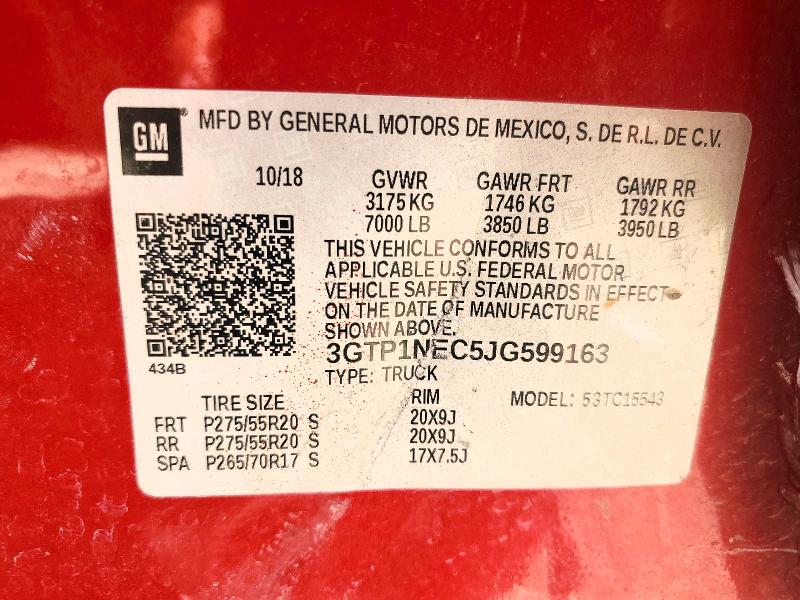 Aukcja sprzedaży 2018 Gmc Sierra, vin: 3GTP1NEC5JG599163, numer aukcji: 53404036