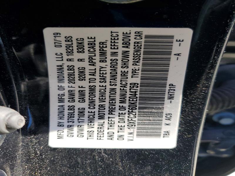 2019 Honda Civic მანქანა იყიდება აუქციონზე, vin: 19XFC2F60KE044759, აუქციონის ნომერი: 53638386