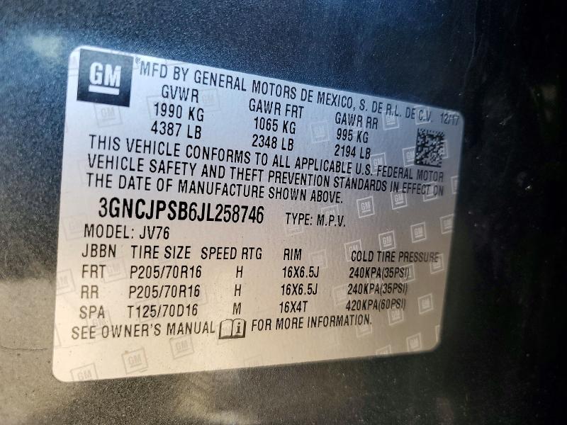 2018 Chevrolet Trax მანქანა იყიდება აუქციონზე, vin: 3GNCJPSB6JL258746, აუქციონის ნომერი: 55379516