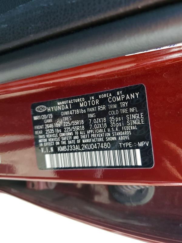 54917306 :رقم المزاد ، KM8J33AL2KU047480 vin ، 2019 Hyundai Tucson مزاد بيع