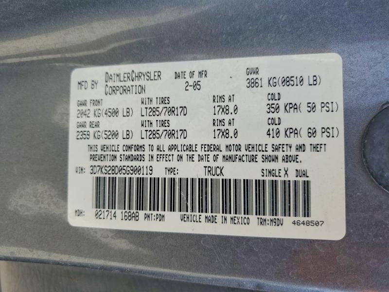 2005 Dodge Ram 2500 მანქანა იყიდება აუქციონზე, vin: 3D7KS28D05G900119, აუქციონის ნომერი: 53287016