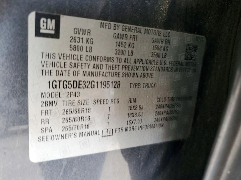 52937046 :رقم المزاد ، 1GTG5DE32G1195128 vin ، 2016 Gmc Canyon مزاد بيع