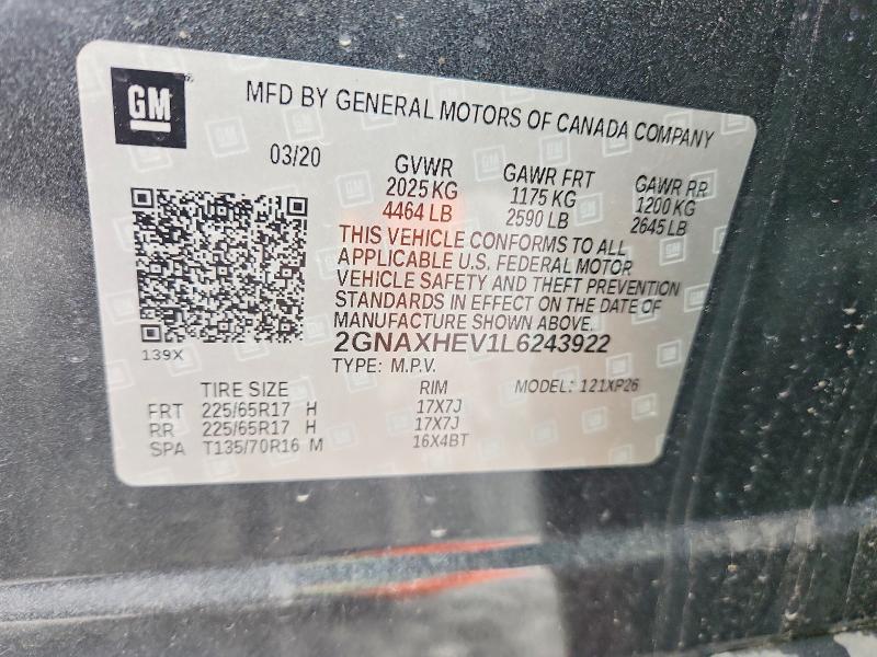 Продаж на аукціоні авто 2020 Chevrolet Equinox, vin: 2GNAXHEV1L6243922, номер лоту: 52884186