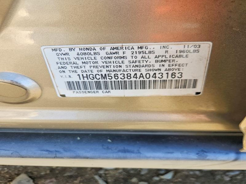 Auction sale of the 2004 Honda Accord, vin: 1HGCM56384A043163, lot number: 52762436