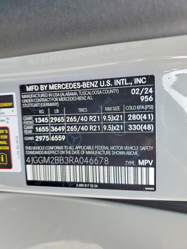 53918726 :رقم المزاد ، 4JGGM2BB3RA046678 vin ، 2024 Mercedes-benz Eqe Suv مزاد بيع