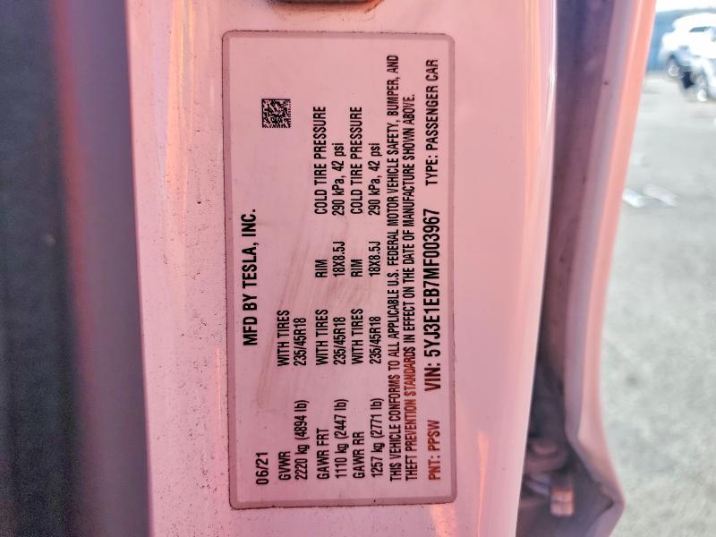 Aukcja sprzedaży 2021 Tesla Model 3, vin: 5YJ3E1EB7MF003967, numer aukcji: 54132126
