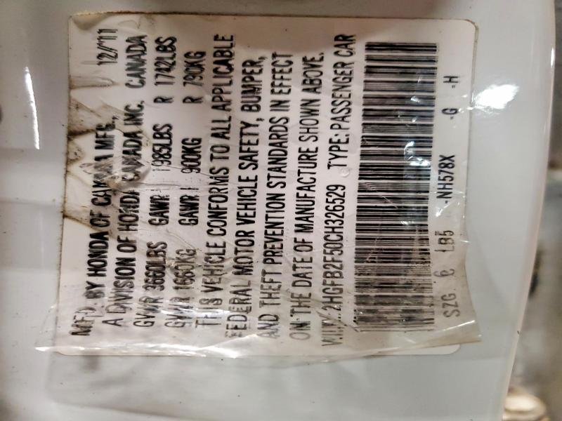2012 Honda Civic მანქანა იყიდება აუქციონზე, vin: 2HGFB2F50CH326529, აუქციონის ნომერი: 53808046