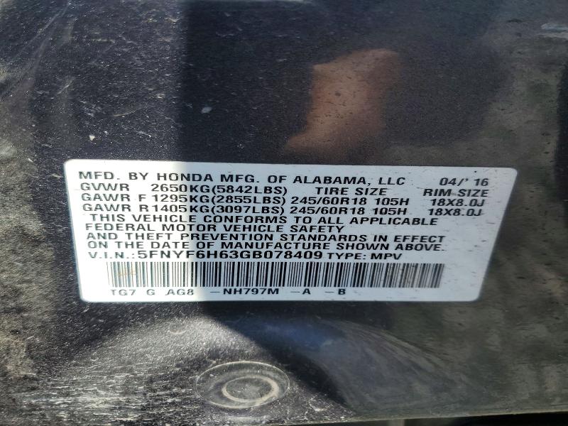 Продажа на аукционе авто 2016 Honda Pilot, vin: 5FNYF6H63GB078409, номер лота: 52587846
