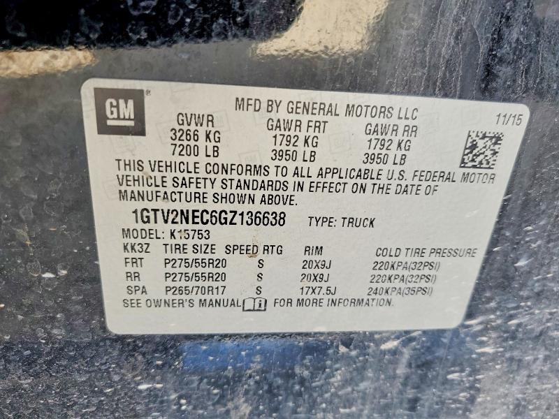 52579006 :رقم المزاد ، 1GTV2NEC6GZ136638 vin ، 2016 Gmc Sierra مزاد بيع