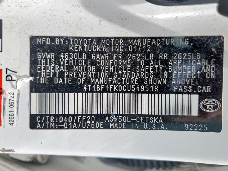 Продаж на аукціоні авто 2012 Toyota Camry, vin: 4T1BF1FK0CU549518, номер лоту: 53346016