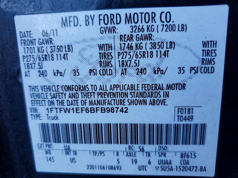 2011 Ford F150 მანქანა იყიდება აუქციონზე, vin: 1FTFW1EF6BFB98742, აუქციონის ნომერი: 52511766