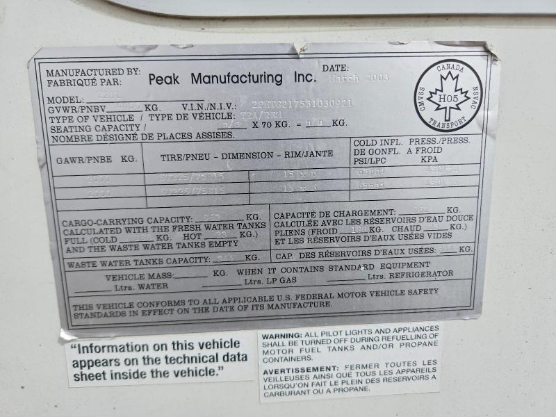 Aukcja sprzedaży 2003 Vanguard Recreational Vehicle (rv), vin: 2PETG217531030921, numer aukcji: 53968206