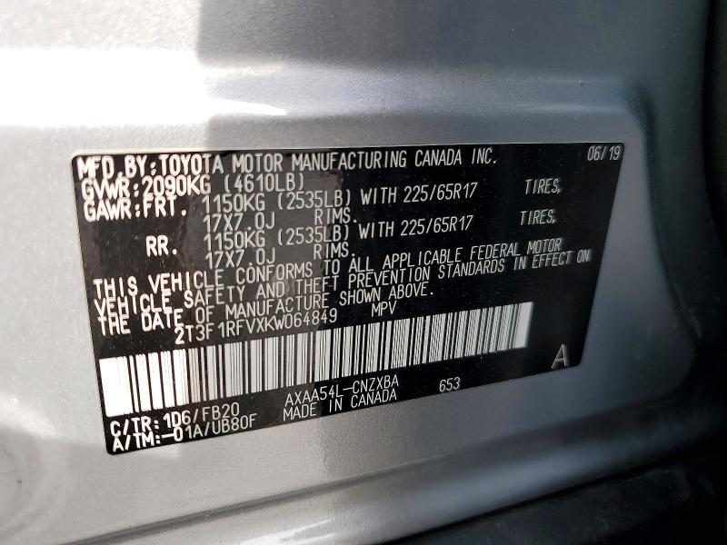 52525836 :رقم المزاد ، 2T3F1RFVXKW064849 vin ، 2019 Toyota Rav4 مزاد بيع