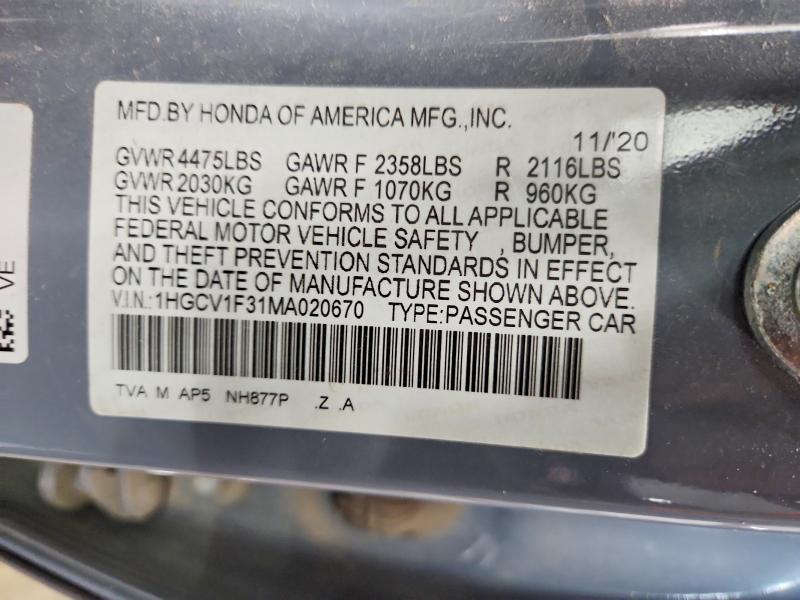 Продажа на аукционе авто 2021 Honda Accord, vin: 1HGCV1F31MA020670, номер лота: 54782356