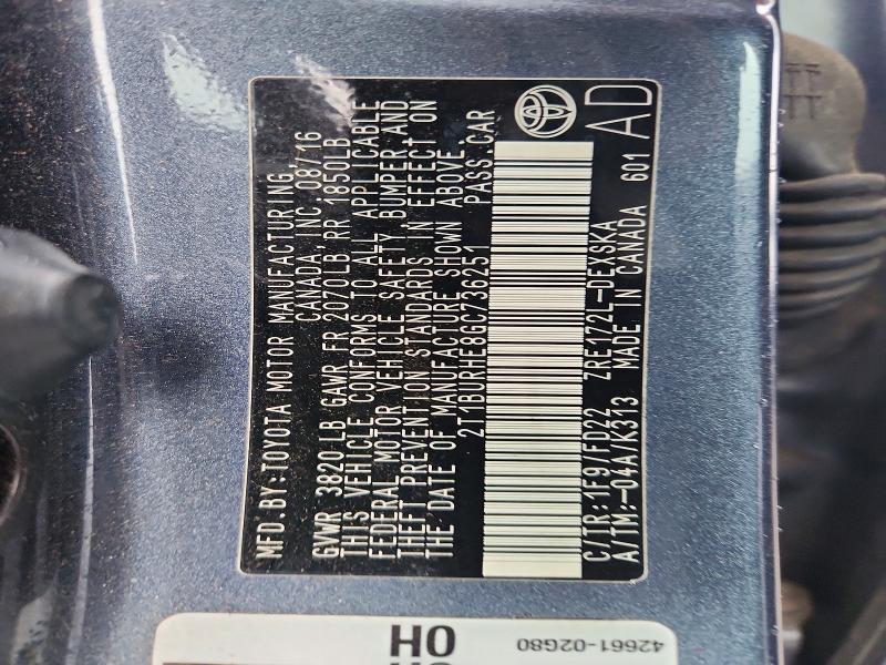 53038886 :رقم المزاد ، 2T1BURHE8GC736251 vin ، 2016 Toyota Corolla مزاد بيع