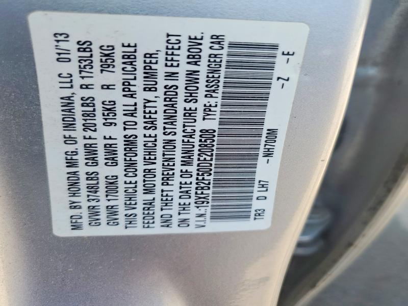 2013 Honda Civic მანქანა იყიდება აუქციონზე, vin: 19XFB2F50DE208508, აუქციონის ნომერი: 54285436