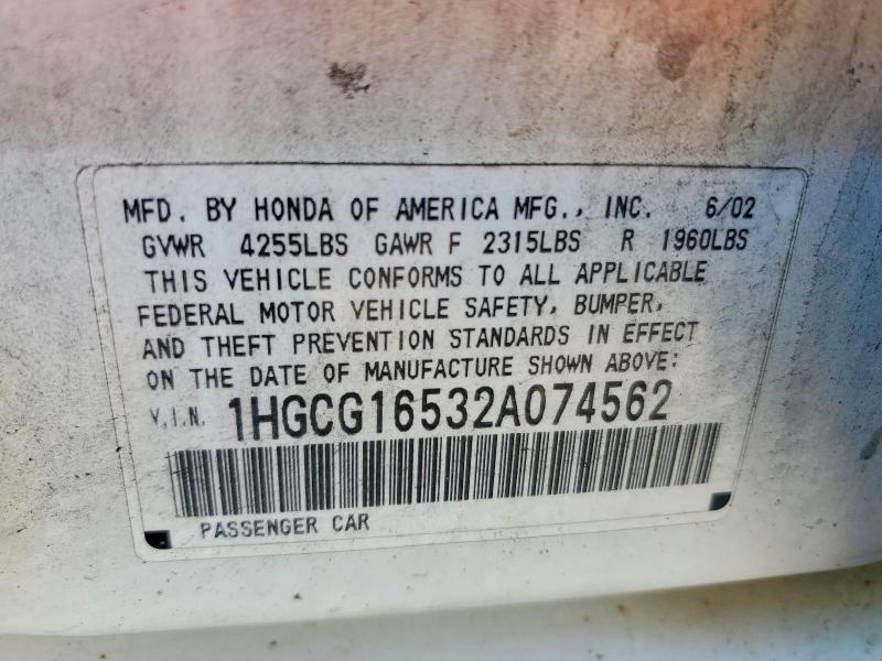 Auction sale of the 2002 Honda Accord, vin: 1HGCG16532A074562, lot number: 51953686