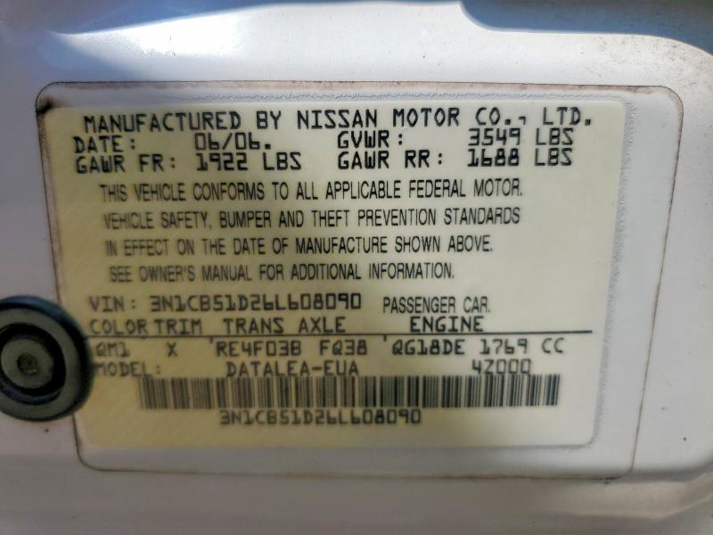 54056526 :رقم المزاد ، 3N1CB51D26L608090 vin ، 2006 Nissan Sentra مزاد بيع