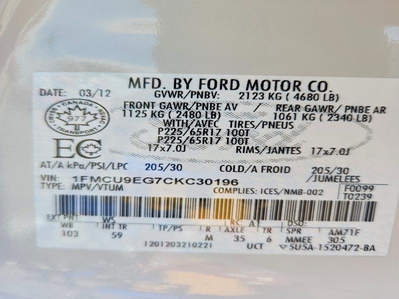 2012 Ford Escape მანქანა იყიდება აუქციონზე, vin: 1FMCU9EG7CKC30196, აუქციონის ნომერი: 51787286