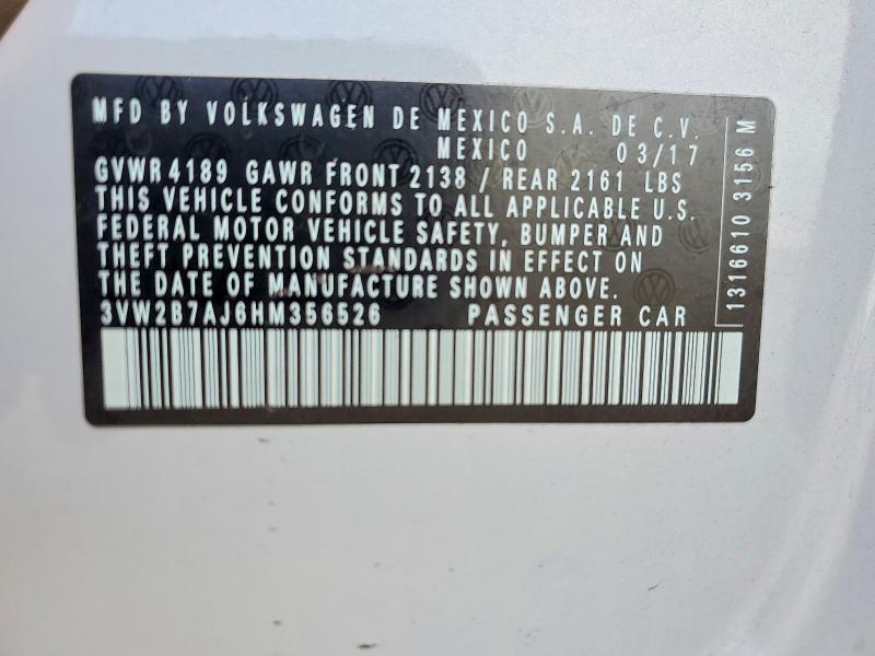 Aukcja sprzedaży 2017 Volkswagen Jetta, vin: 3VW2B7AJ6HM356526, numer aukcji: 51655476