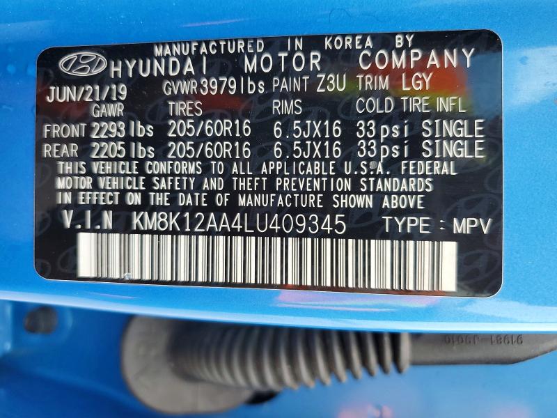 2020 Hyundai Kona მანქანა იყიდება აუქციონზე, vin: KM8K12AA4LU409345, აუქციონის ნომერი: 55211106