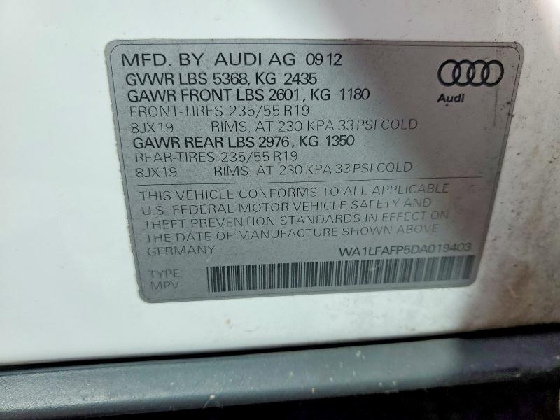 2013 Audi Q5 მანქანა იყიდება აუქციონზე, vin: WA1LFAFP5DA019403, აუქციონის ნომერი: 52928196