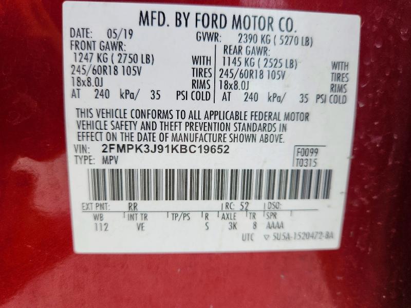 Aukcja sprzedaży 2019 Ford Edge, vin: 2FMPK3J91KBC19652, numer aukcji: 53992136