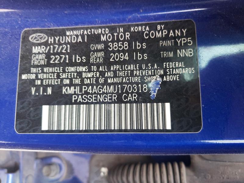 52698846 :رقم المزاد ، KMHLP4AG4MU170318 vin ، 2021 Hyundai Elantra مزاد بيع