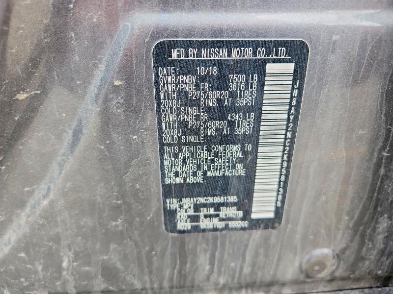 54989616 :رقم المزاد ، JN8AY2NC2K9581385 vin ، 2019 Nissan Armada مزاد بيع