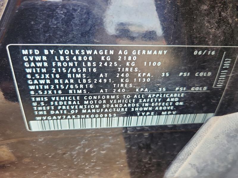 Продажа на аукционе авто 2017 Volkswagen Tiguan, vin: WVGAV7AX3HK000953, номер лота: 54699666