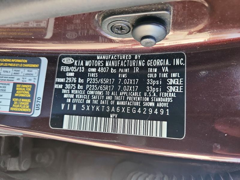 Auction sale of the 2014 Kia Sorento, vin: 5XYKT3A6XEG429491, lot number: 52904866