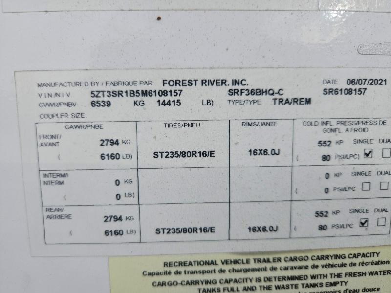 2021 Sabre By Forest Rive Recreational Vehicle (rv) მანქანა იყიდება აუქციონზე, vin: 5ZT3SR1B5M6108157, აუქციონის ნომერი: 46781096