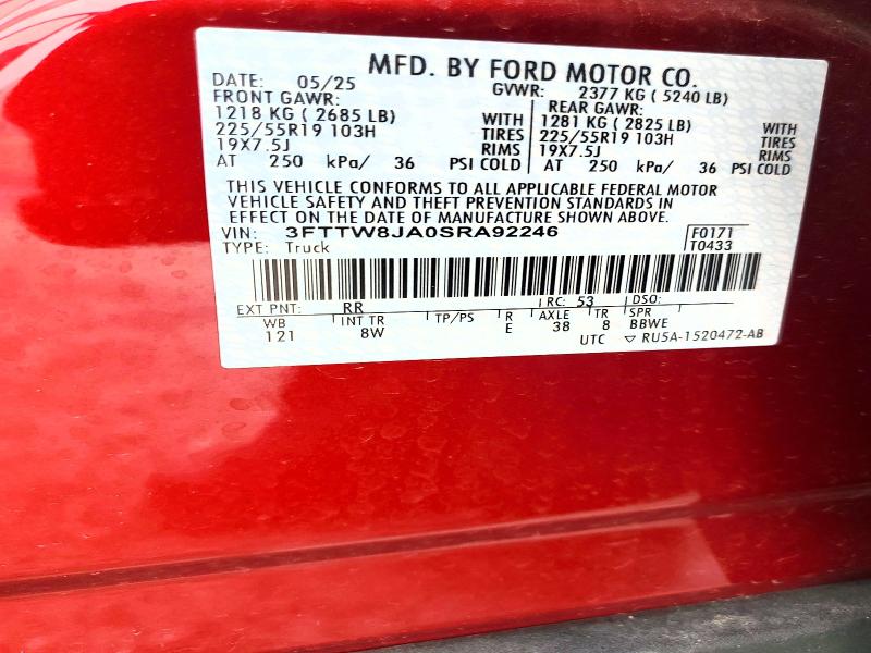 54243466 :رقم المزاد ، 3FTTW8JA0SRA92246 vin ، 2025 Ford Maverick مزاد بيع