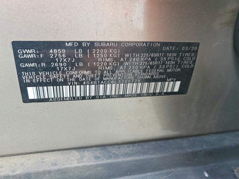 Aukcja sprzedaży 2020 Subaru Outback, vin: 4S4BTACC8L3200778, numer aukcji: 55379066