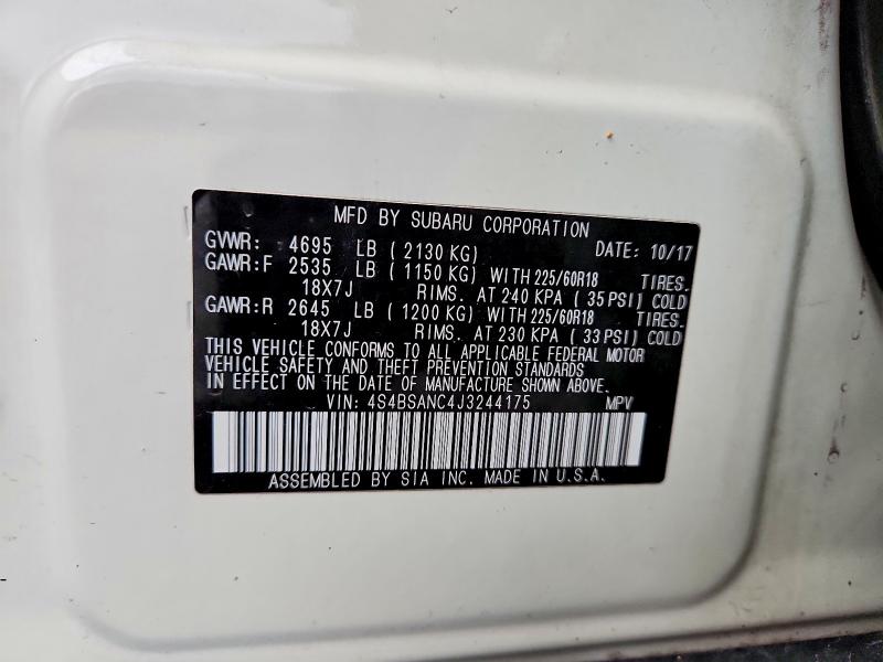 Aukcja sprzedaży 2018 Subaru Outback, vin: 4S4BSANC4J3244175, numer aukcji: 54287316