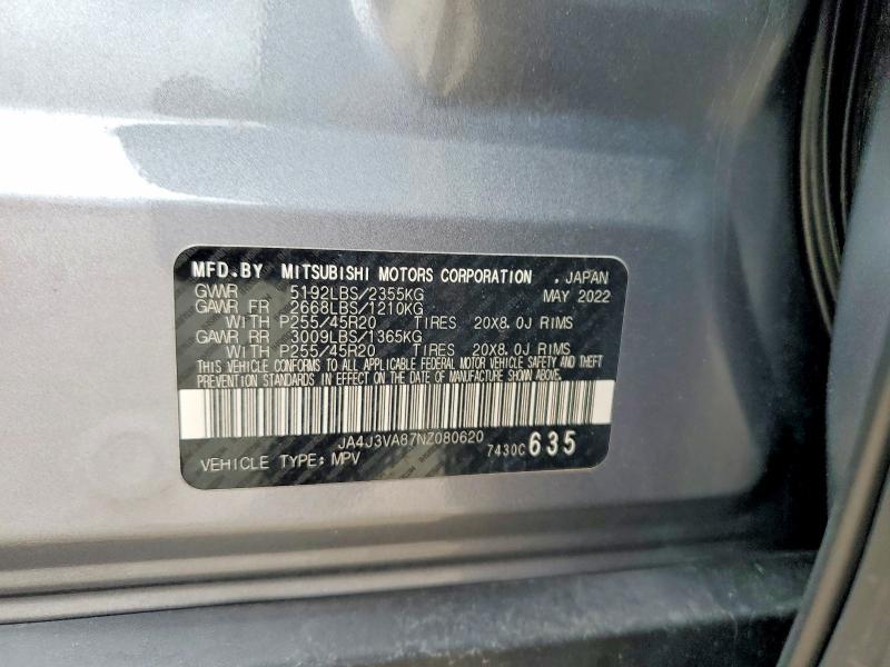 2022 Mitsubishi Outlander მანქანა იყიდება აუქციონზე, vin: JA4J3VA87NZ080620, აუქციონის ნომერი: 51969956