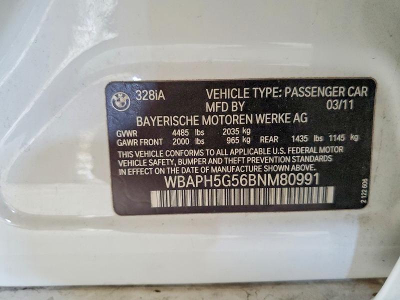 2011 Bmw 328 მანქანა იყიდება აუქციონზე, vin: WBAPH5G56BNM80991, აუქციონის ნომერი: 54008326