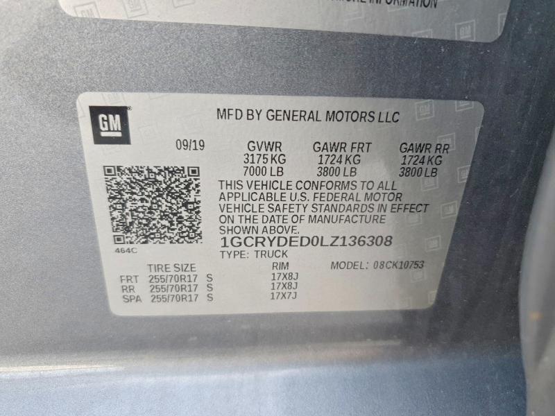 52557516 :رقم المزاد ، 1GCRYDED0LZ136308 vin ، 2020 Chevrolet Silverado مزاد بيع