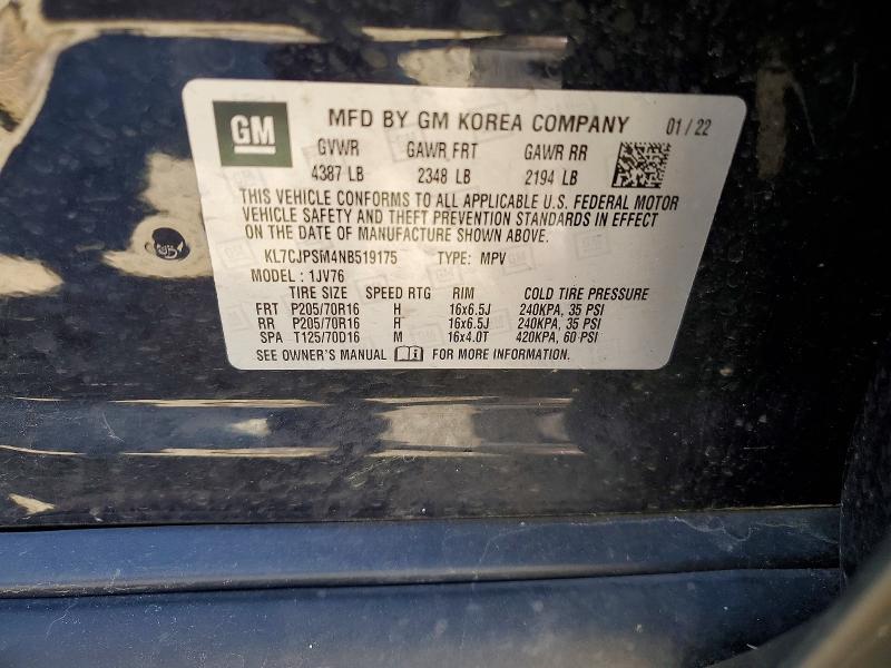 52020506 :رقم المزاد ، KL7CJPSM4NB519175 vin ، 2022 Chevrolet Trax مزاد بيع