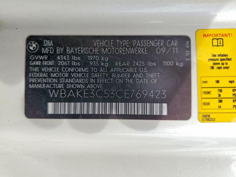 Aukcja sprzedaży 2012 Bmw 328, vin: WBAKE3C53CE769423, numer aukcji: 54700996